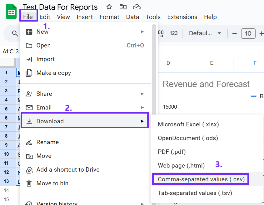 Screenshot from google sheets on how to convert file to csv