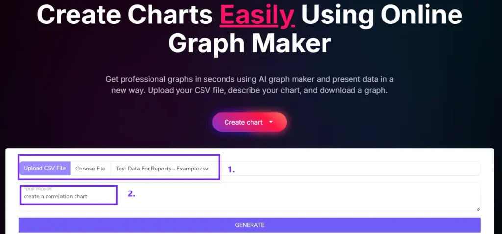 Screenshot from ai graph maker with file upload and prompt for chart creation