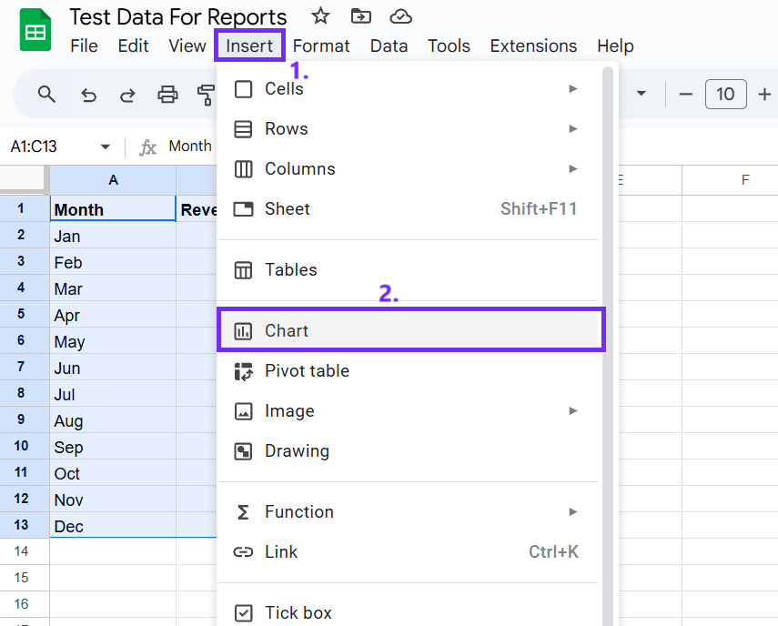 Screenshot with steps on how to insert chart into google sheets